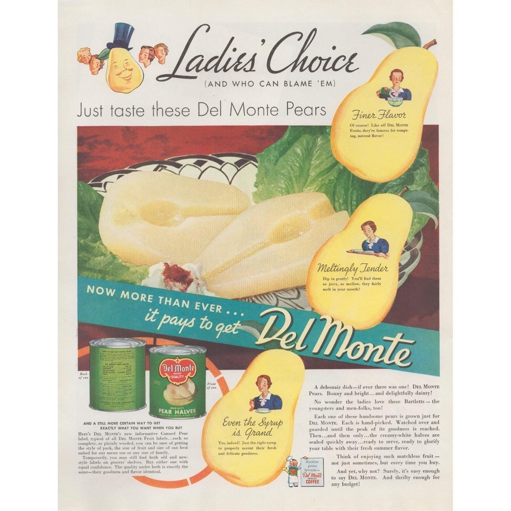 Vintage 1938 Del Monte Pears Print Ad Depression Era Pre-WWII Kitchen Decor